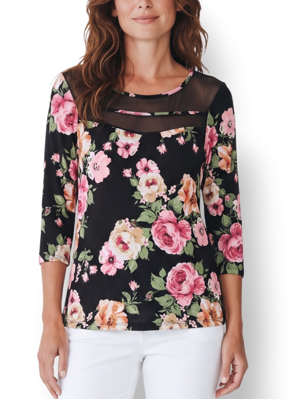 4/$20 Front of Closet Black Floral Mesh Yoke 3/4 Sleeve Top Medium